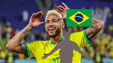 Neymar does his celebration while scoring for Brazil as a mystery legend has his arms out and the Brazilian flag is above him. (Source: Getty Images)