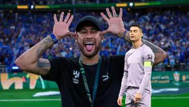 Neymar does his trademark celebration while Cristiano Ronaldo looks dejected as he wears the Al Nassr jersey.