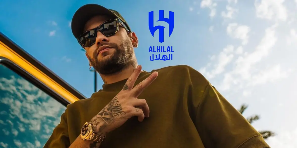 Neymar does the peace sign while he wears a hat and sunglasses; the Al Hilal badge is next to him.