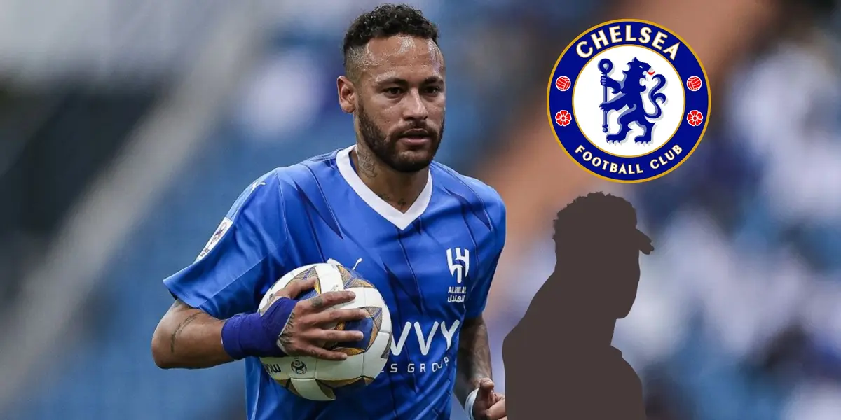 Neymar holds the ball while wearing the Al Hilal jersey; the mystery player is below the Chelsea badge. (Source: Al Hilal, Getty Image)