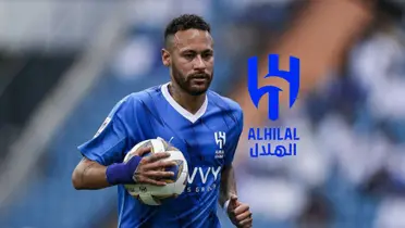 Neymar Jr. holds a ball while wearing the Al Hilal jersey and the Al Hilal logo is next to him.