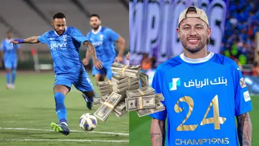 Neymar Jr. kicks the ball and he shows his Al Hilal Champions shirt with the number 24 on it; a stack of money in the middle.