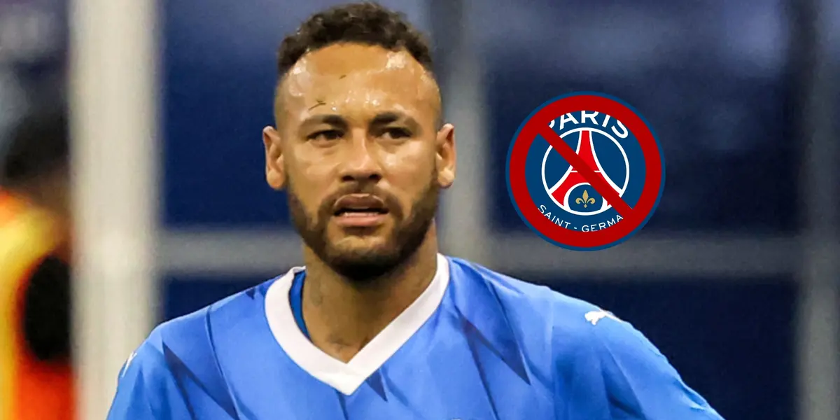Neymar Jr. looks concerned while wearing the Al Hilal jersey as the PSG badge is crossed out right next to him. (Source: Al Hilal X)
