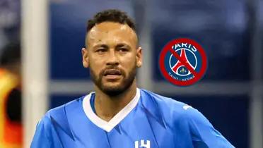 Neymar Jr. looks concerned while wearing the Al Hilal jersey as the PSG badge is crossed out right next to him. (Source: Al Hilal X)