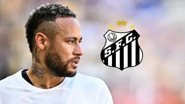 Neymar Jr. looks to his right while wearing a white jersey and the Santos FC logo is next to him.