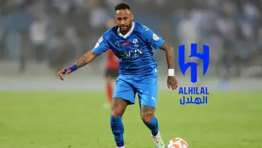 Neymar looks at the ball while wearing the Al Hilal jersey and the Al Hilal logo is next to him.