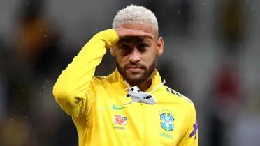 Neymar looks at the camera while wearing the Brazilian national team jacket; a private jet is below him.