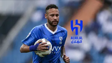 Neymar looks serious as he carries the ball and wears the Al Hilal jersey and the Al Hilal badge is next to him.