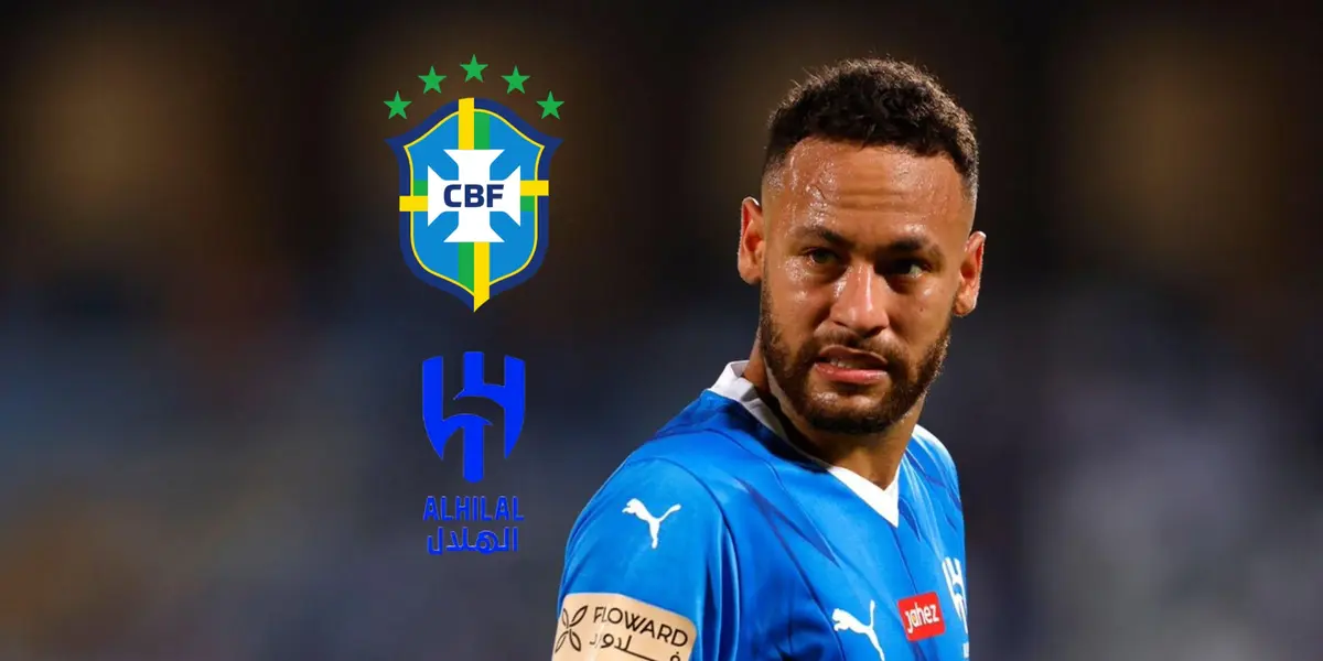 Neymar looks to the side, wearing an Al Hilal jersey; the Brazilian national team badge and the Al Hilal badge is next to him. (Source: Team Neymar X) 