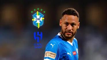 Neymar looks to the side, wearing an Al Hilal jersey; the Brazilian national team badge and the Al Hilal badge is next to him. (Source: Team Neymar X) 