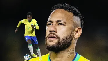 Neymar looks up while Vinicius Jr. dribbles with the ball as he wears the Brazil jersey. (Source: Getty Images, X)