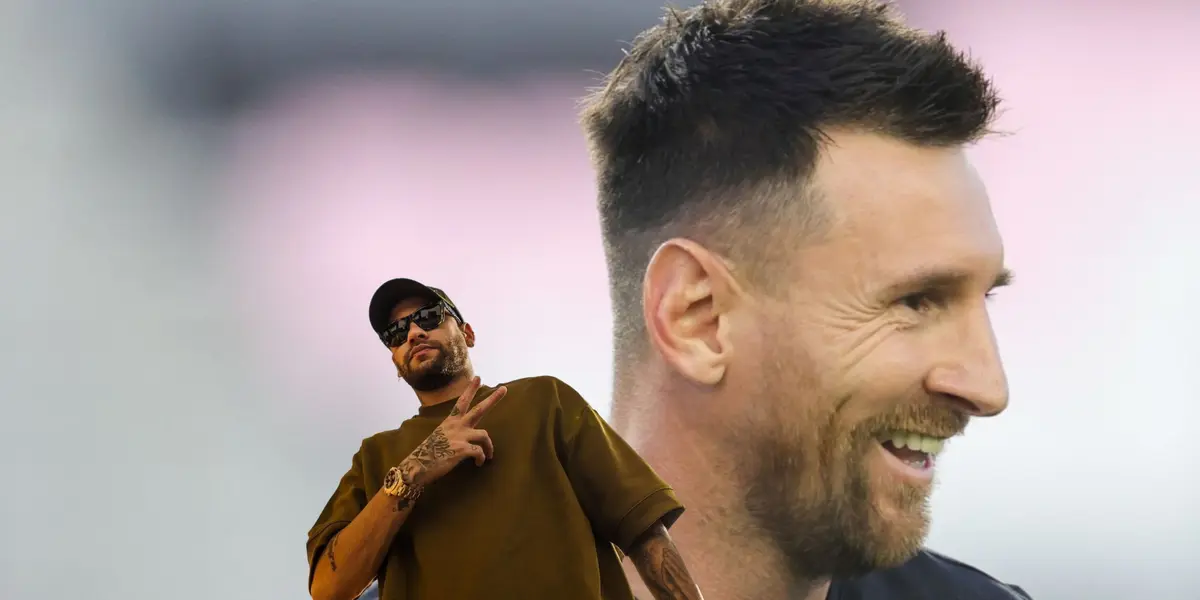 Neymar poses for a picture with a peace sign while Lionel Messi laughs wearing a black shirt.