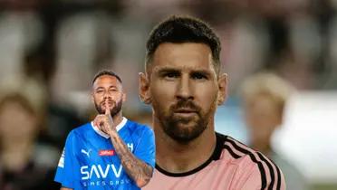 Neymar puts his finger on his lip while wearing an Al Hilal jersey and Lionel Messi stares while wearing an Inter Miami jersey.