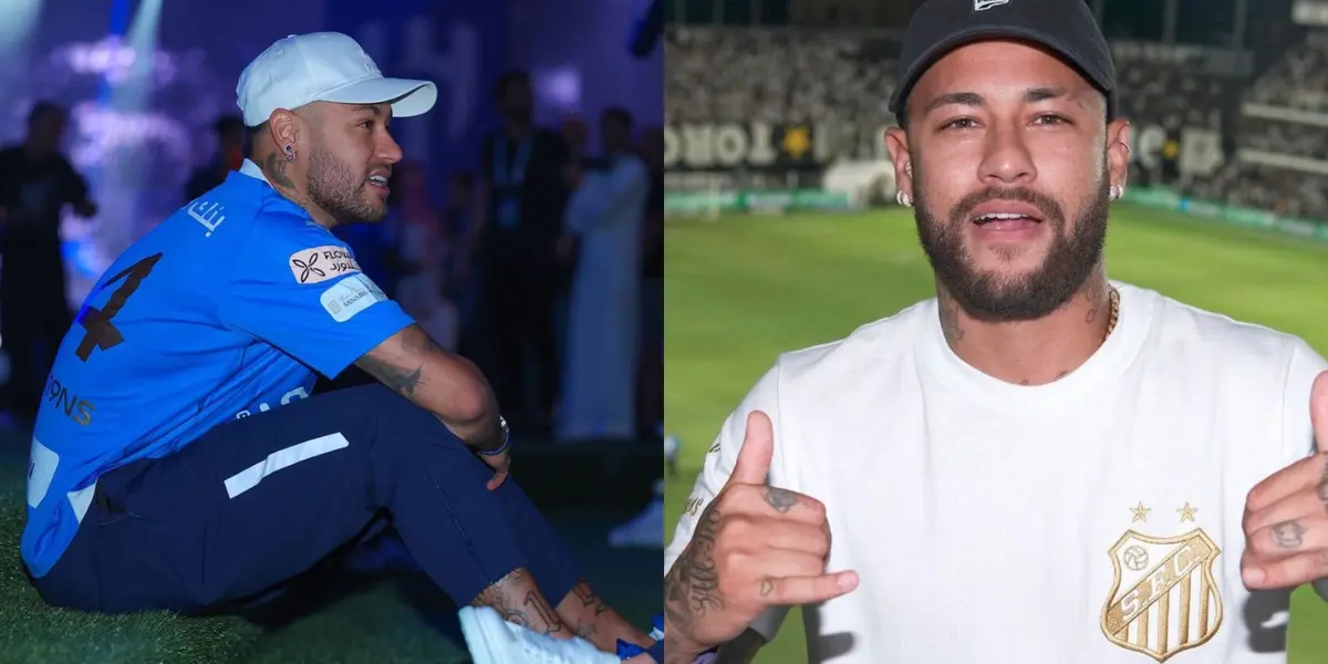 Neymar sits with the Al Hilal jersey on and Neymar poses with the Santos jersey.