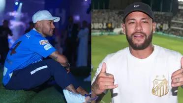 Neymar sits with the Al Hilal jersey on and Neymar poses with the Santos jersey.