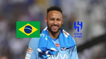 Neymar smiles as he wears the Al Hilal jersey while the Brazil flag and the Al Hilal badge is next to him on the sides. (Source: Getty Images)