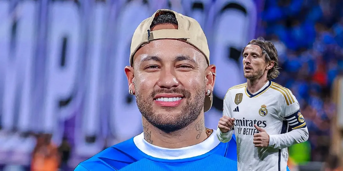 Neymar smiles wearing an Al Hilal blue jersey with a hat on while Luka Modric looks tired wearing a Real Madrid jersey on.