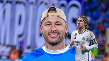 Neymar smiles wearing an Al Hilal blue jersey with a hat on while Luka Modric looks tired wearing a Real Madrid jersey on.