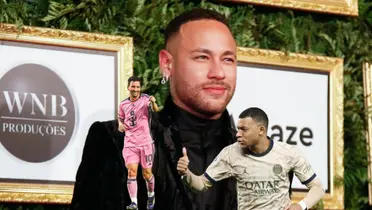 Neymar smiles with a black suit while Lionel Messi smiles wearing an Inter Miami jersey; Kylian Mbappé gives a thumbs up while wearing a PSG jersey.