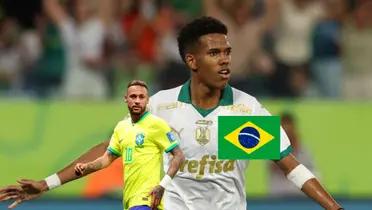 Neymar wears the Brazil jersey and the Brazil flag is next to him; Estevão Willian celebrates a goal with Palmeiras. (Source: GingaBonitoHub X)