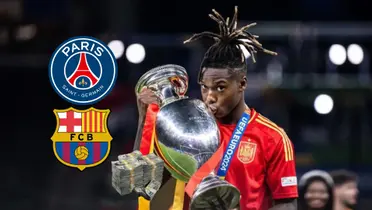 Nico Williams kisses the European Championship with the Spain jersey on as the PSG and FC Barcelona badge is next to him and a stack of cash is next to it. (Source: EURO 2024 X, Fabrizio Romano X)