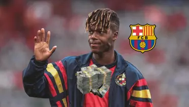 Nico Williams waves to the fans with a Spain jacket while FC Barcelona badge is next to him and a stack of cash is below him. (Source: Fabrizio Romano X)