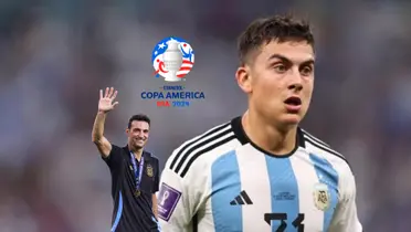 Paulo Dybala is focused with the Argentina jersey while Lionel Scaloni smiles with a gold medal and the Copa America logo is on top. (Source: Mundo Albiceleste, AlbicelesteTalk X)