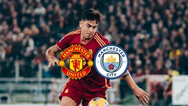 Paulo Dybala looks at the ball while wearing the AS Roma jersey; the Manchester United and Manchester City badges are below him.