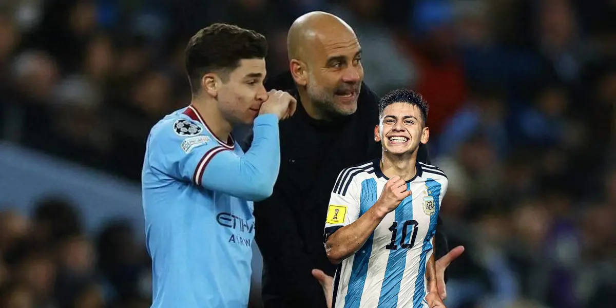 Pep Guardiola and Julian Alvarez discuss with each other during a Manchester City game as Claudio Echeverri celebrates a goal for the U17 Argentina team. (Source: REUTERS)