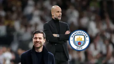 Pep Guardiola crosses his hands together and Xabi Alonso smiles while wearing black; the Manchester City bade is near them.