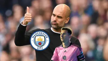 Pep Guardiola gives a thumbs up while Lionel Messi looks to the side; the Manchester City badge is near them.