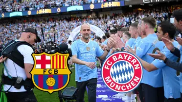 Pep Guardiola gives hive fives to his staff member at Manchester City while wearing a Man City jersey; FC Barcelona and Bayern Munich logos are below.