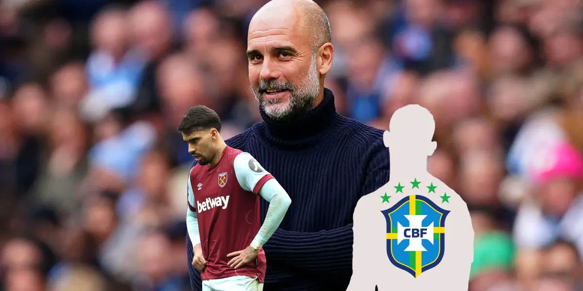 Pep Guardiola grins while Lucas Paqueta looks upset with a West Ham United jersey on; a mystery player has the Brazilian national team logo on.