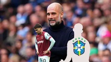 Pep Guardiola grins while Lucas Paqueta looks upset with a West Ham United jersey on; a mystery player has the Brazilian national team logo on.