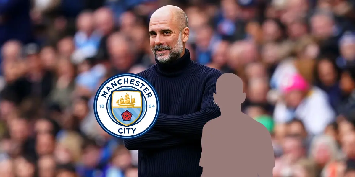 Pep Guardiola grins while the Manchester City logo is below and the a mystery player is next to it (Source: The Independent)