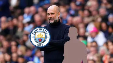 Pep Guardiola grins while the Manchester City logo is below and the a mystery player is next to it (Source: The Independent)
