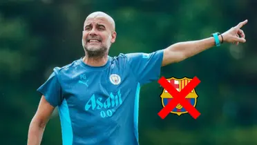 Pep Guardiola is giving instructions with a Manchester City training kit while the FC Barcelona badge is crossed out. (Source: City Xtra X)