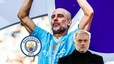 Pep Guardiola looks happy while wearing the Manchester City jersey and Jose Mourinho looks serious; the Manchester City badge is next to them.
