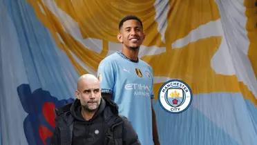 Pep Guardiola looks to the side while the Manchester City logo is next to him and Savio wears the Manchester City jersey for the first time. (Source: 