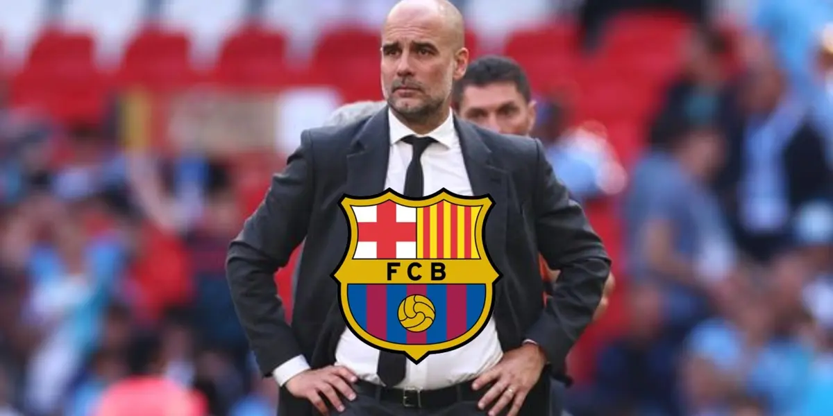 Pep Guardiola looks upset while he is wearing a suit and the FC Barcelona badge is in the middle. (Source: FA Cup X)