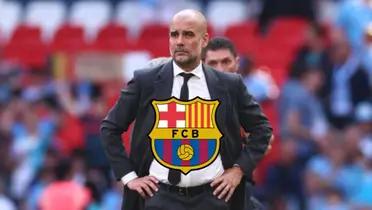 Pep Guardiola looks upset while he is wearing a suit and the FC Barcelona badge is in the middle. (Source: FA Cup X)