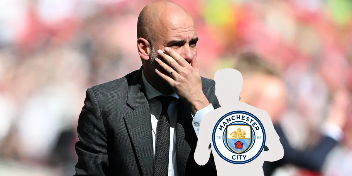 Pep Guardiola looks worried and covers his mouth with his hand; a mystery player has the Manchester City badge on him.