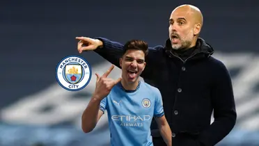 Pep Guardiola points to the pitch while Julian Alvarez does his celebration with the new Man City kit and the club badge is next to him. (Source: AP, City Report X)