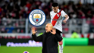 Pep Guardiola puts his hands up while Claudio Echeverri kicks the ball and the Manchester City logo is next to him. (Source: Fabrizio Romano X)
