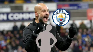 Pep Guardiola shout with joy while the Manchester City badge is next to him and a mystery player is below him.