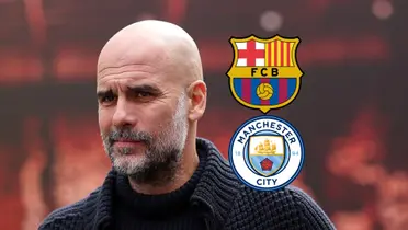 Pep Guardiola slightly grins while the FC Barcelona and Manchester City badges are next to him.