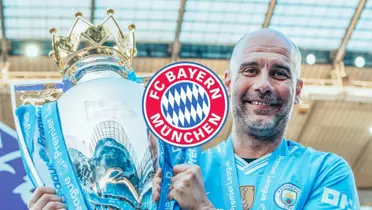 Pep Guardiola smiles wearing a Manchester City jersey and lifting the Premier League trophy; Bayern Munich badge is in the middle.