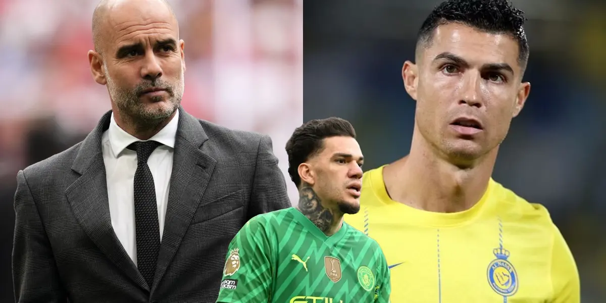 Pep Guardiola wears a suit and Cristiano Ronaldo wears the Al Nassr jersey. Ederson Moraes is wearing the Man City goalkeeper kit.