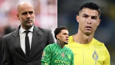 Pep Guardiola wears a suit and Cristiano Ronaldo wears the Al Nassr jersey. Ederson Moraes is wearing the Man City goalkeeper kit.