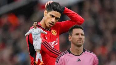 Raphael Varane scratches his head while wearing the Man United jersey; Cristiano Ronaldo is wearing the Real Madrid jersey and Lionel Messi wears the Inter Miami jersey.